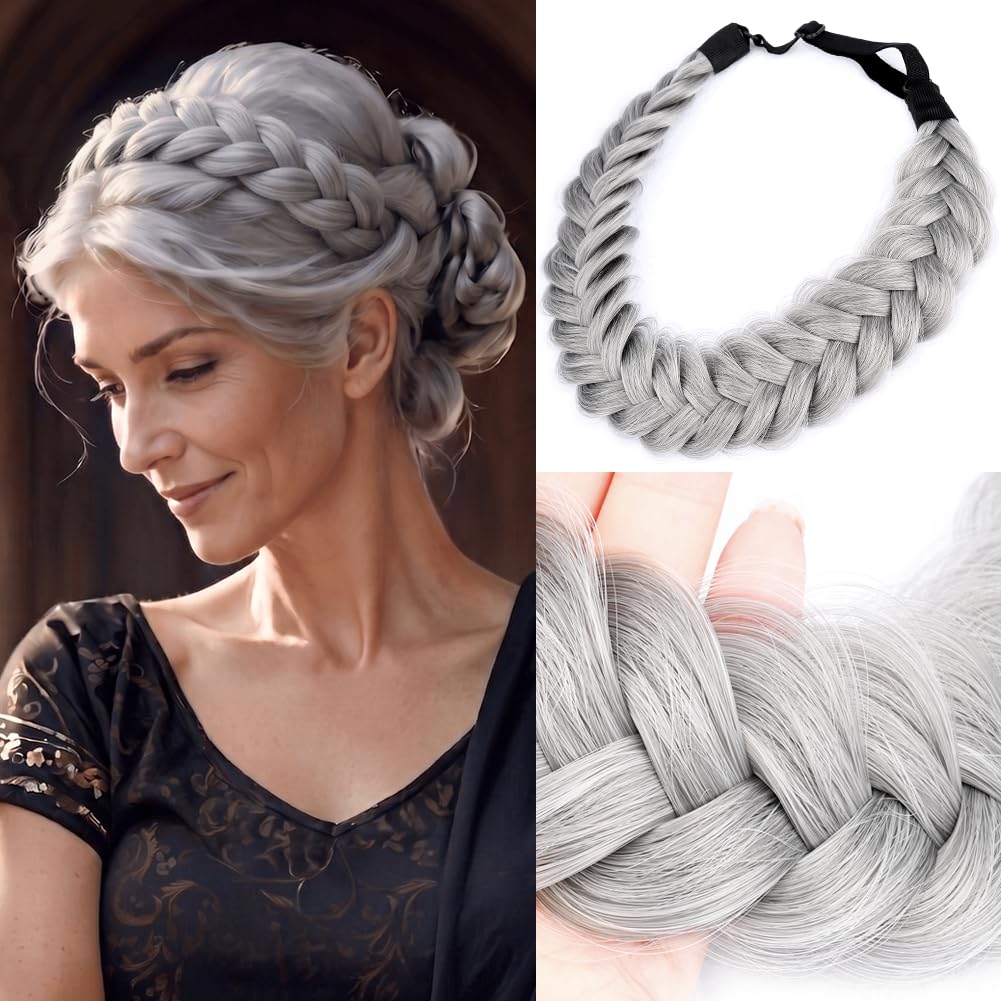 Messy Wide 2 Strands Synthetic Hair Braided Headband Hairpiece Women Girl Beauty accessory, 62g/2.1 oz (Steel Gray)