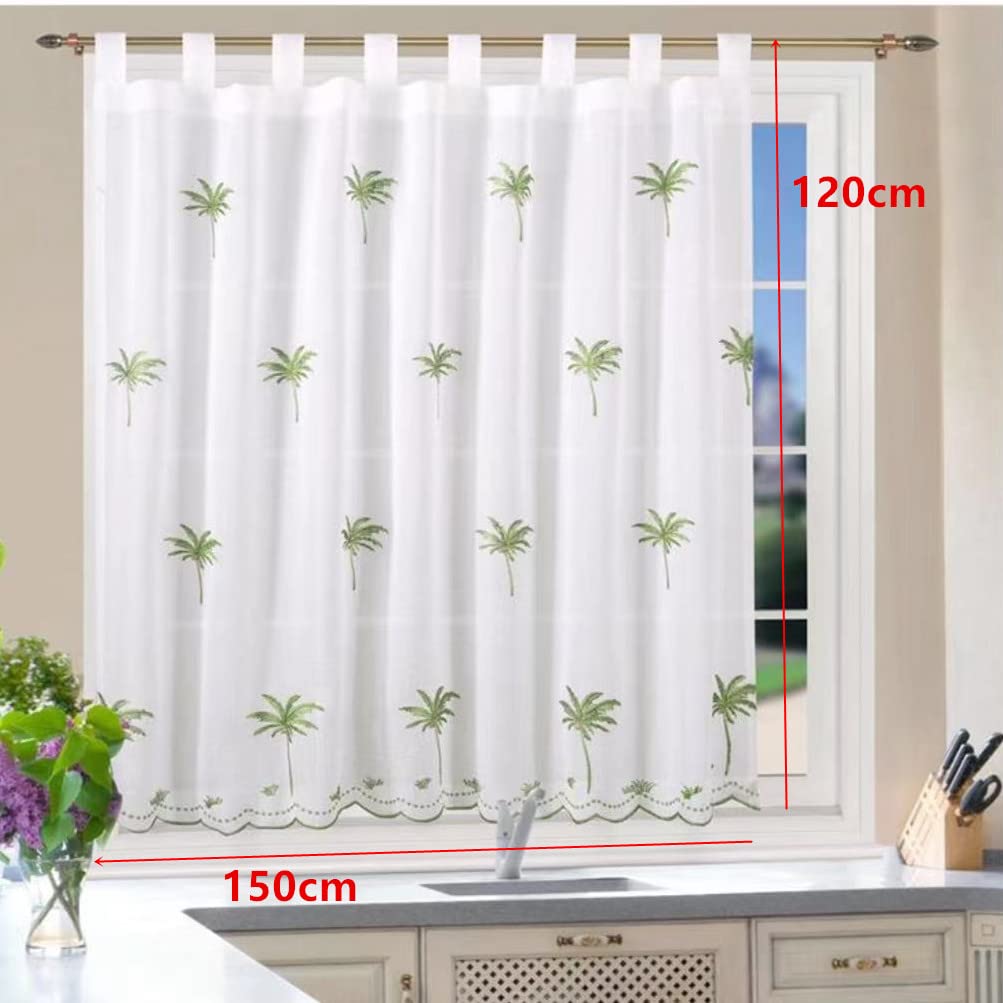 Cortinas Cortas para Ventanas De Cocina Translucidas 150X120Cm Cortina de Altura Media para Cocina, Comedor, Marco de Puerta, patrón Bordado. (Árbol de Coco)