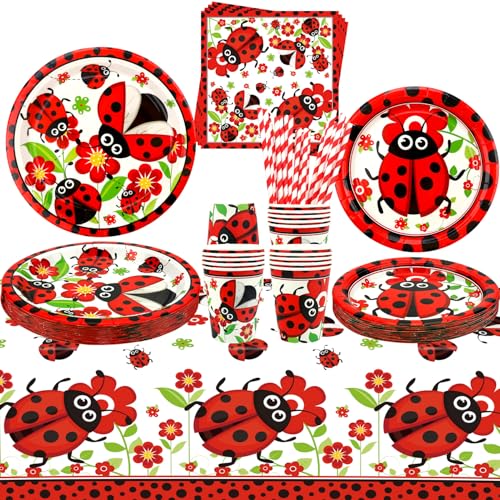 Décoration de fête coccinelle, vaisselle de fête, assiettes, tasses, serviettes, nappes, pailles pour fête d'anniversaire, fournitures de fête prénatale,...