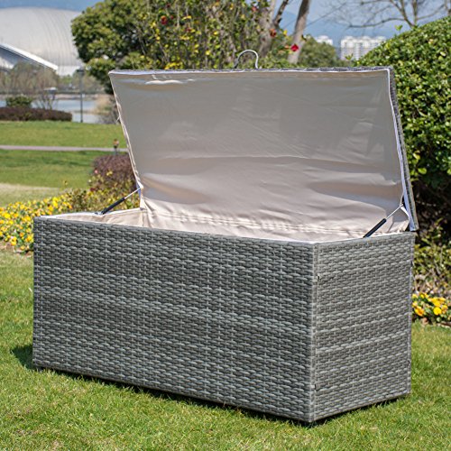 PatioPost Deck Storage Container Box& Garden Bench PE Wicker Outdoor Patio Garden Furniture 110 Gal, Grey - Thumbnail 4