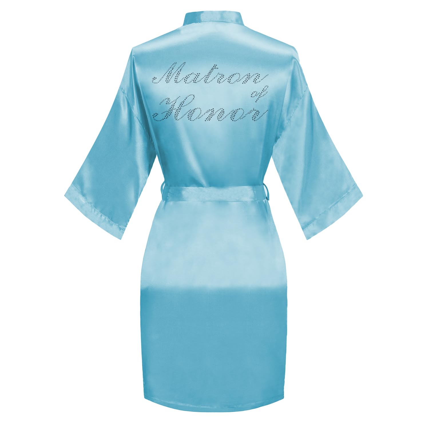 Women's Satin Robe Bride Bridesmaid Short Kimono Robes with Silver Rhinestones for Wedding Party Getting Ready