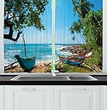 Ambesonne Beach Kitchen Curtains, Tropical Ocean Scenery with Palm Trees and Fishing Boats Caribbean Landscape, Window Drapes 2 Panel Set for Kitchen Cafe Decor, 55' X 39', Green Blue
