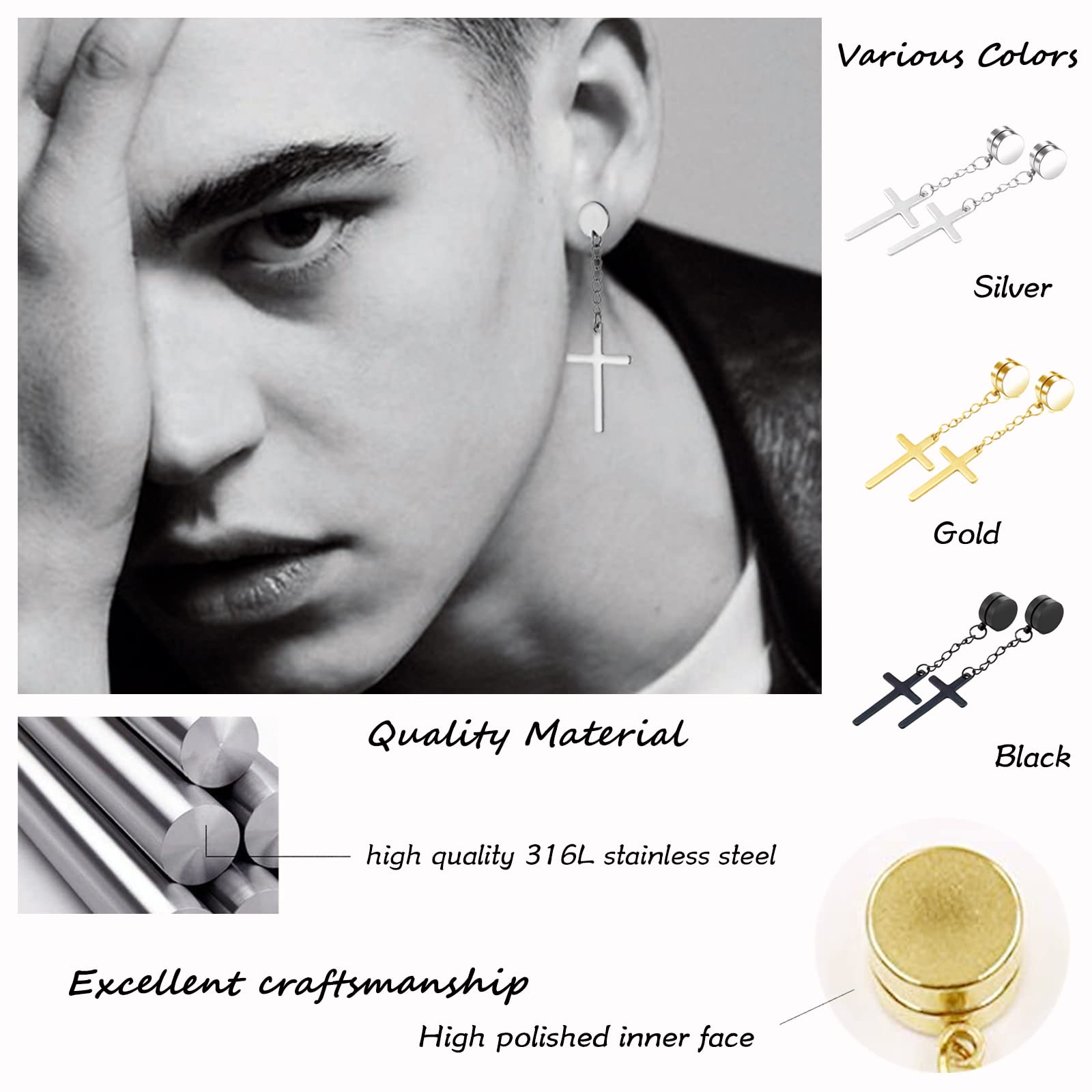 Juego de 16 pares de aretes magnéticos para hombres y mujeres, de acero inoxidable 316L, aretes de aro con clip sin perforación, aretes de circonita cúbica, Metal, Circonia cúbica 3
