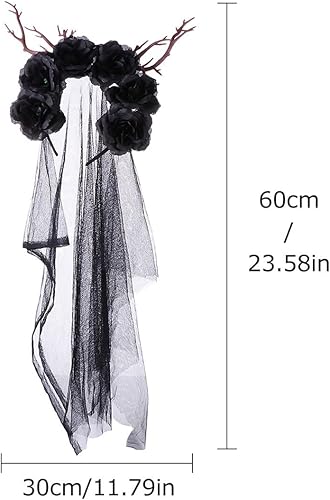 Miniatura 2 de Lurrose Diademas de flores de velo de Halloween con cuernos de alce, guirnalda de flores góticas, accesorio decorativo para tocado para fiestas,