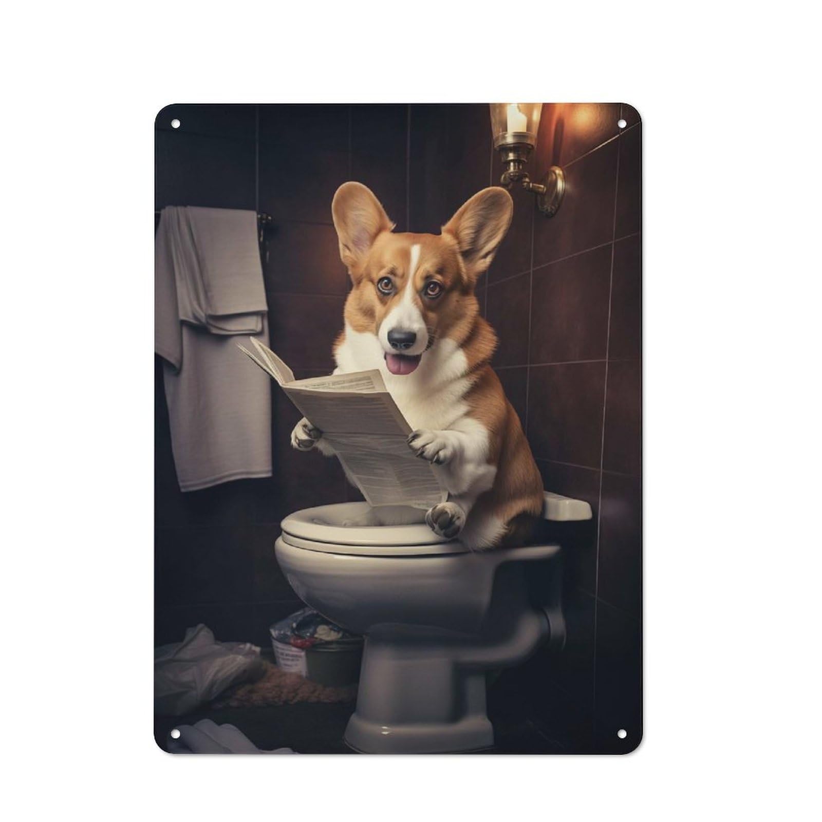 Junmoney Corgi Dog Toilet Newspaper Rustic Metal Plaque 40X30cm For Dining Room Or Kitchen, A Housewarming Gift For Dining Room Decor Fans