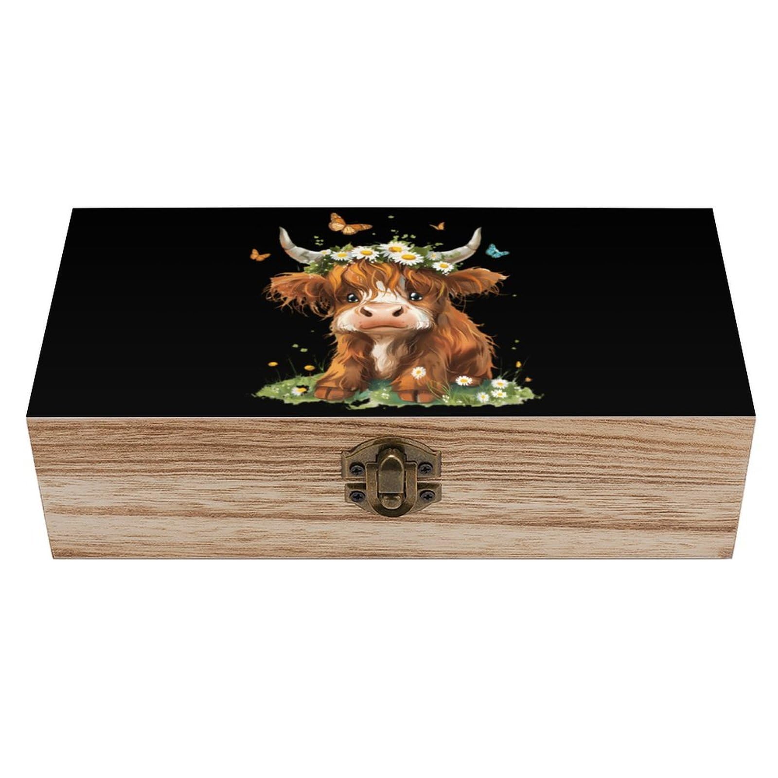 HLBSDM Cute Highland Cow with Flowers Wooden Box with Hinged Lid Decorative Storage Case Container