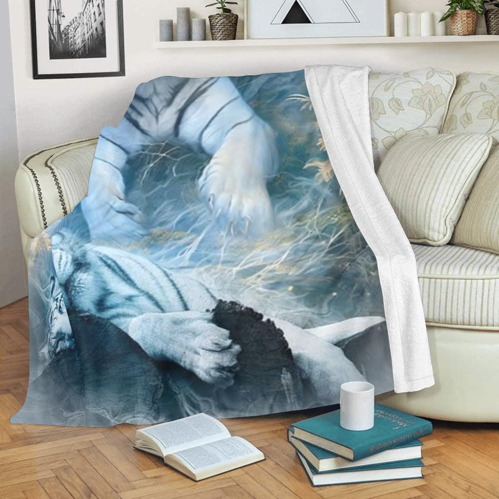 Custom Blanket with Name Text,Personalized Animal White Tiger Wood Super Soft Fleece Throw Blanket for Couch Sofa Bed (50 X 60 inches)