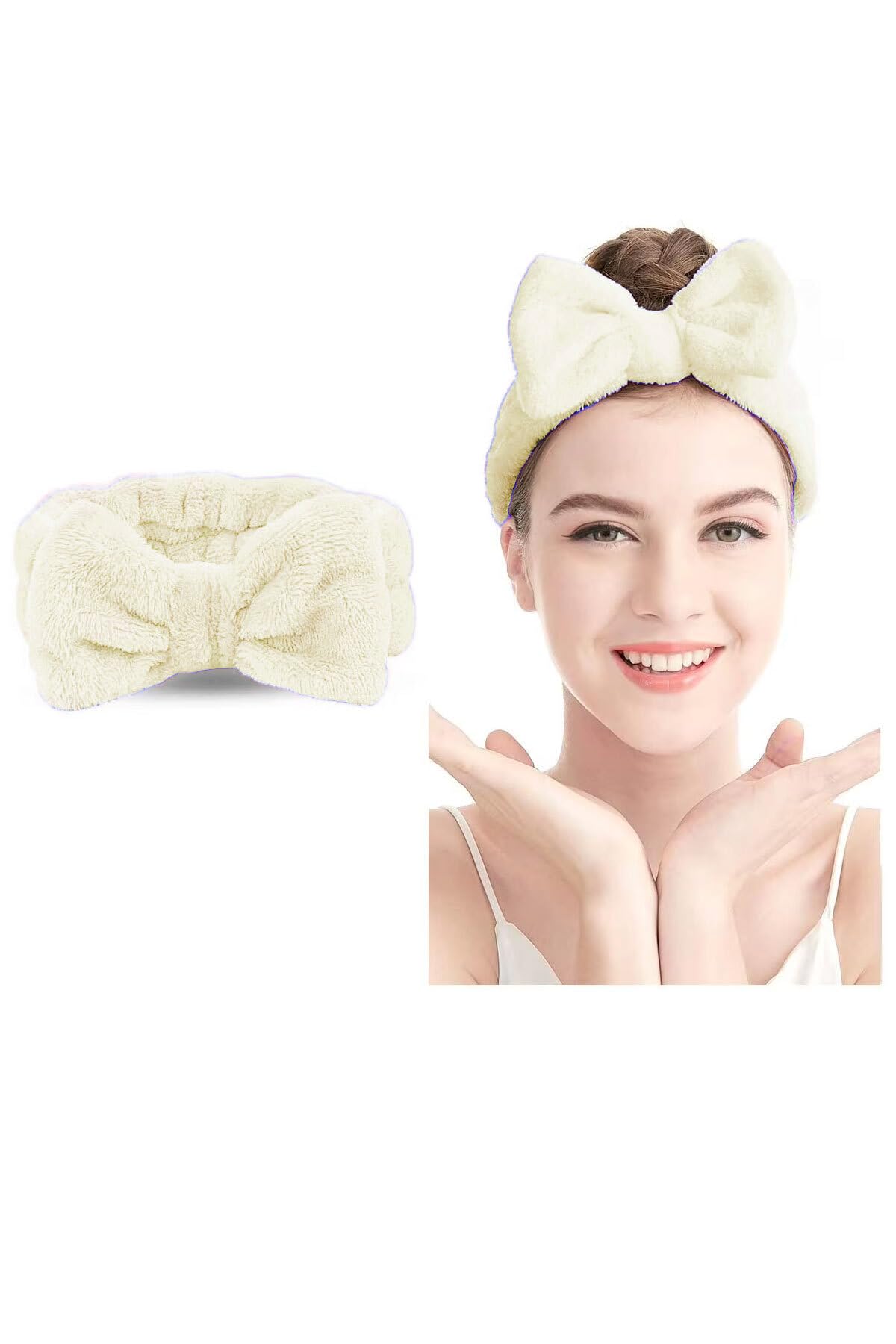 Toyaş Fiyonk Peluş Bandana Makyaj Spa Saç Bandı Krem