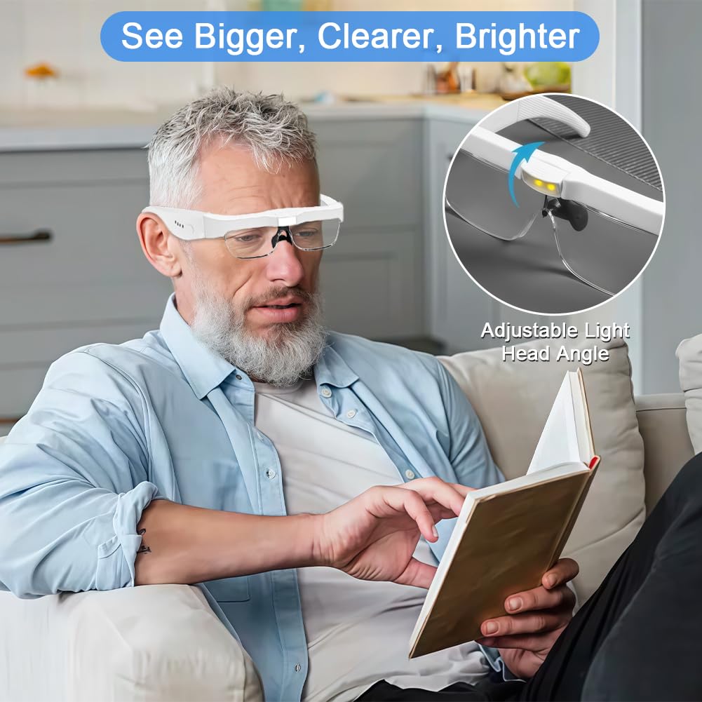 Gafas Lupas con Luz 3 Led para Manualidades, 0,75X 1.0X 1.5X 2.5X 4.0X con 5 Lentes, Recargables, Ajustable para Leer, Reparaciones, Coser, Joyería (Negras)