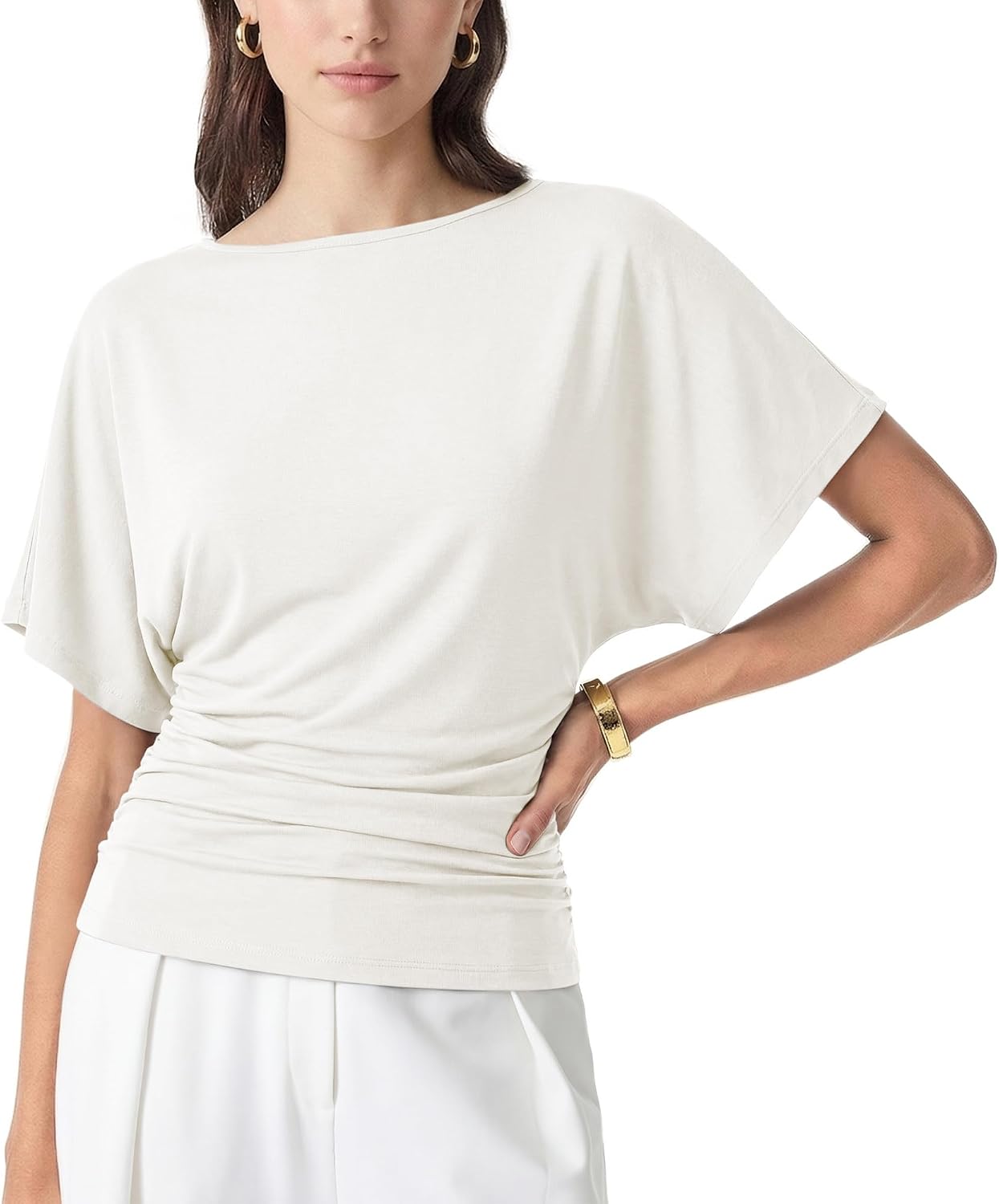 Hixiaohe Summer Tops for Women Casual Ruched Waist Tunic Batwing Sleeve Boat Neck Solid Shirt Office Lounge Corset Top Blouse