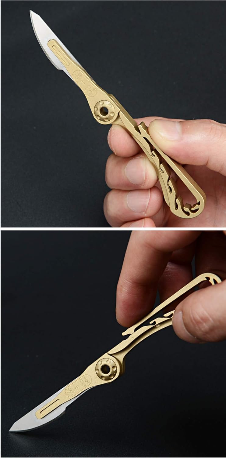 Mini Brass Pocket Knife EDC Utility Knife with 10 Extra Replaceable Blades, Portable Sharp Folding Knife with Back Clip