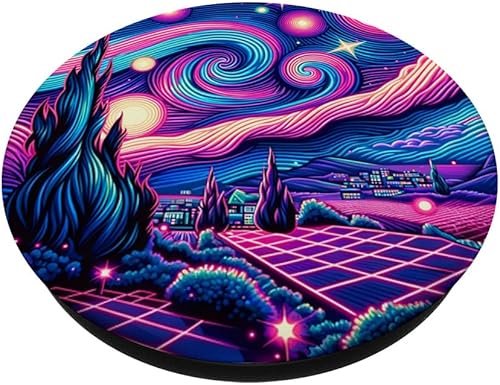 Miniatura 2 de Cyberpunk Vaporwave Synthwave Van Gogh Starry Night PopSockets Standard PopGrip