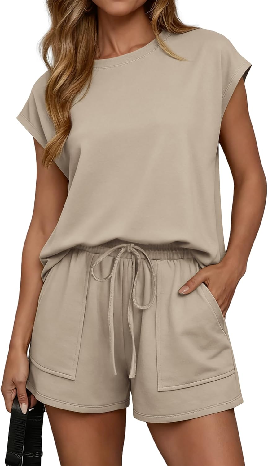 ATHMILE Womens Two Piece Crew Neck Short Sets Cap Sleeve Drawstring Spring Summer Sweatsuit with Pocket Beach Vacation