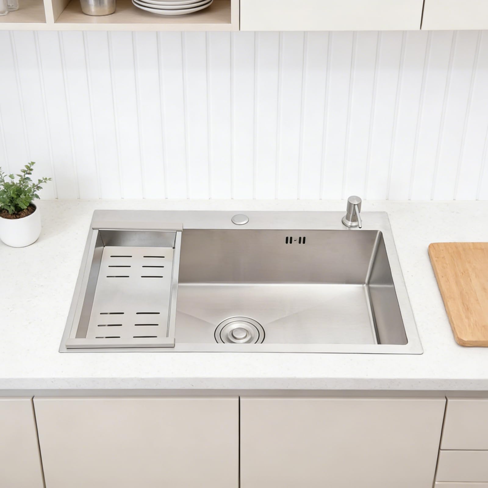 Fregadero de acero inoxidable 68 x 45 cm, fregadero de cocina de alta calidad y fregadero empotrable, con escurridor y escurridor, fregadero de granito empotrable a partir de 45 cm, incluye