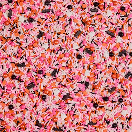 Image of Fancy Sprinkles Glam Reaper Sprinkles | Pink, Orange, Black & White Jimmies | Bat & Pumpkin Shaped Candy | Halloween Cake, Cupcake & Cookie Decorating | 1 Pack (0.5c)