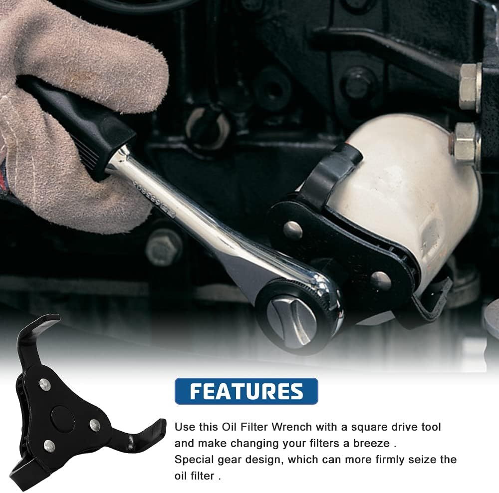 Adjustable 3 Jaw Oil Filter Wrench Tool Best for Removing Motorcycles Cars Trucks & Heavy Duty Oil Filters Fits Diameters 2 1/8-4 1/2 Inches Fits ⅜ and ½ inch Drive (Black)