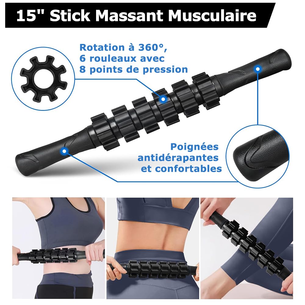 Rouleau de Massage, Qveetry Foam Roller avec bâton de rouleau musculair, balles de massage, Bandes de résistance, Rouleau de Massage pour Massage Profond des Tissus Musculaires