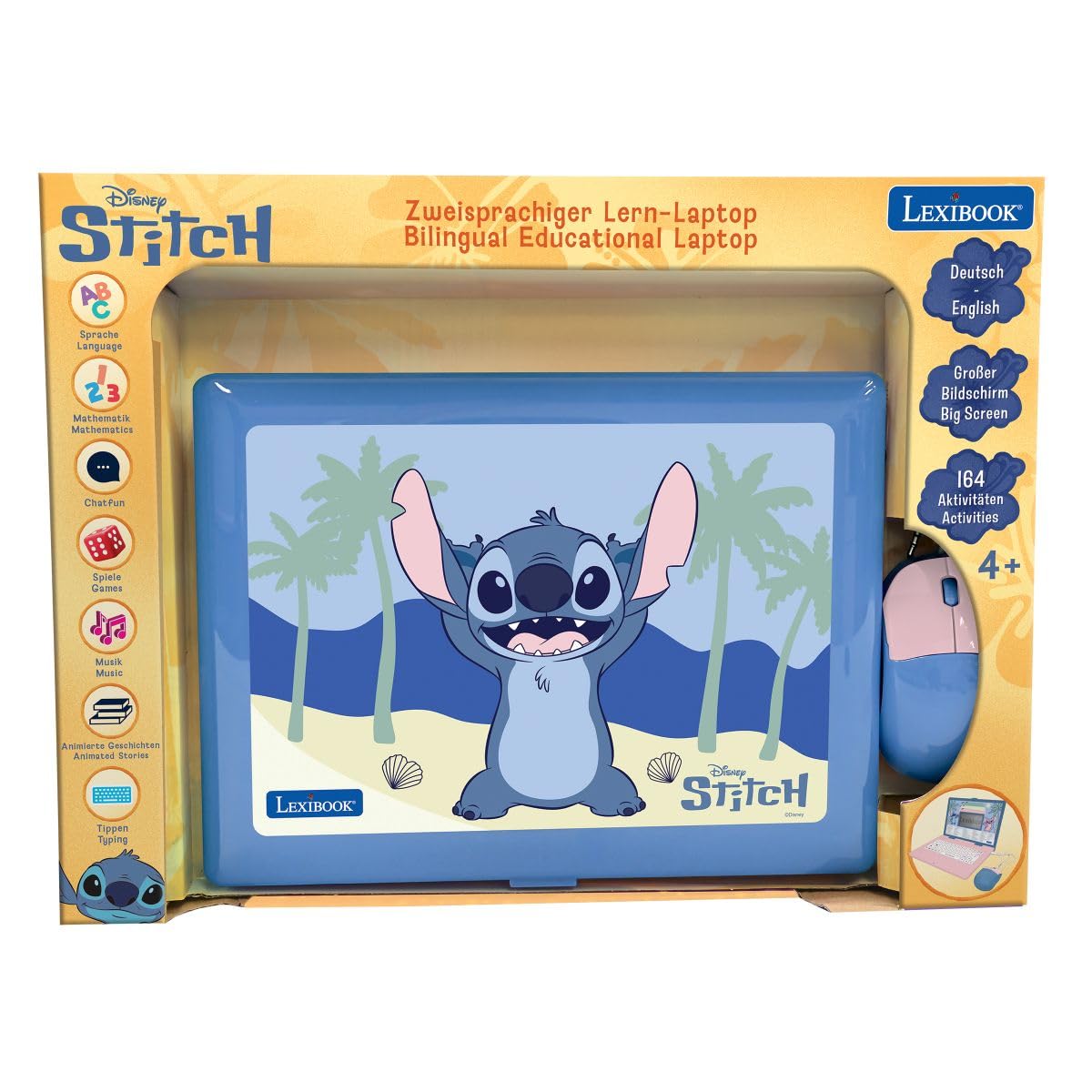 Lexibook, Disney Stitch JC601Di3LXB - Laptop educativo bilingue, 164 attività di apprendimento, inglese e tedesco, metodo di apprendimento, giocattolo educativo per bambini, rosa e blu