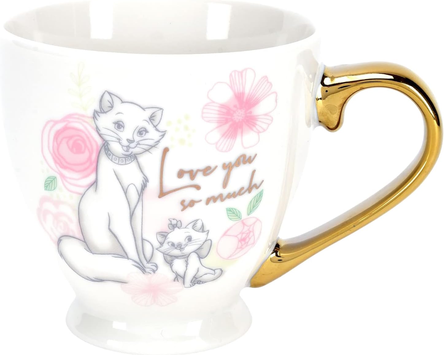 Happy Homewares Disney Single Marie Princess Aristocats Fine White Porcelain Drinking Mug with Gold Plated Handle - Love You So Much - Officially Licensed