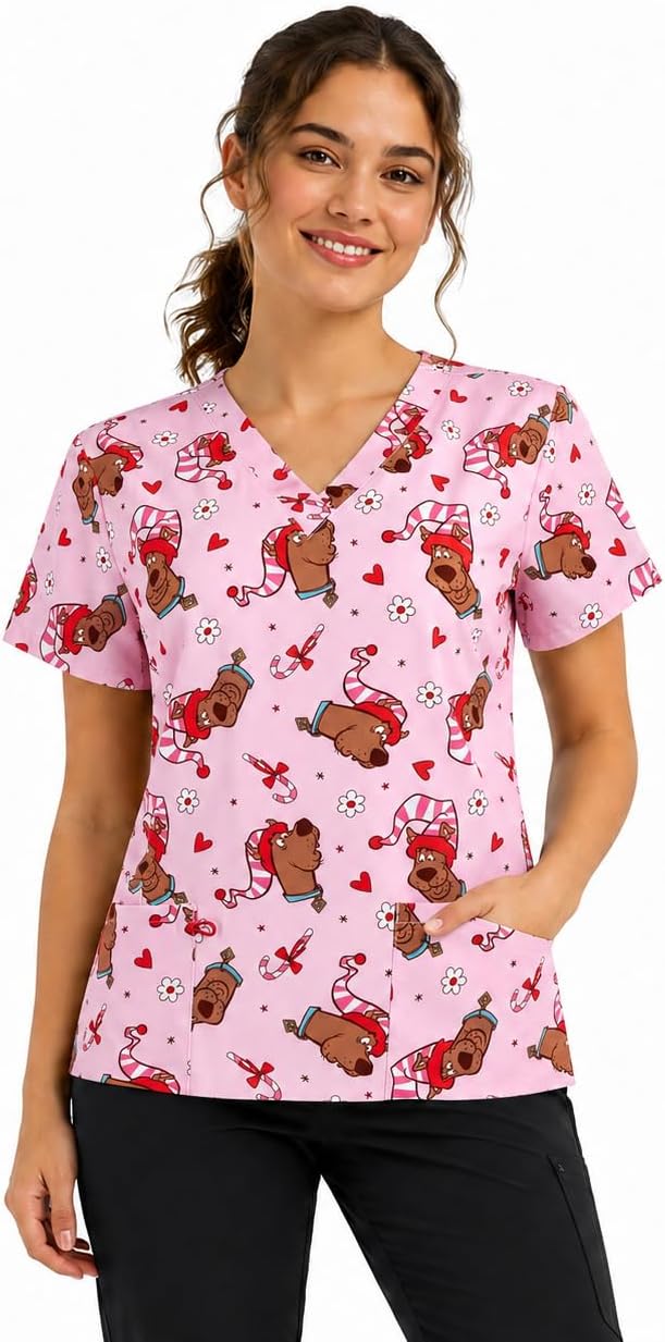 COCO BRANDS Womens Scrub Tops - Scooby-Doo Short Sleeve V-Neck Medical Uniform Scrubs for Women (Sizes: S-XXL)