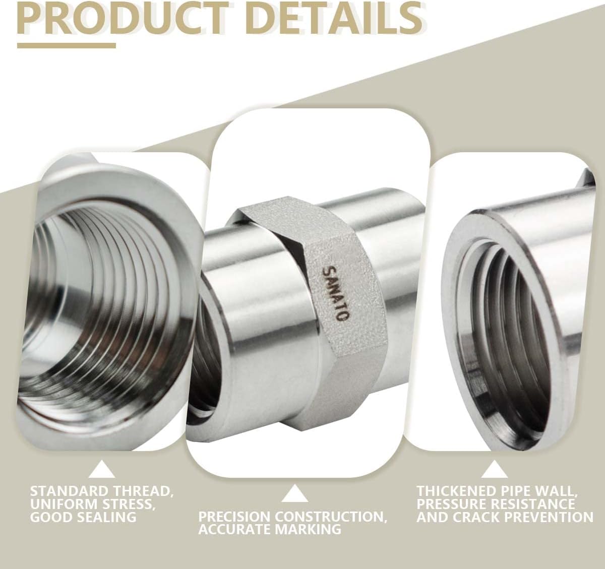 SANATO 3 Pcs 304 Stainless Steel Forging Hex Coupling, 1/2" NPT x 1/2" NPT Female Threaded Pipe Fittings