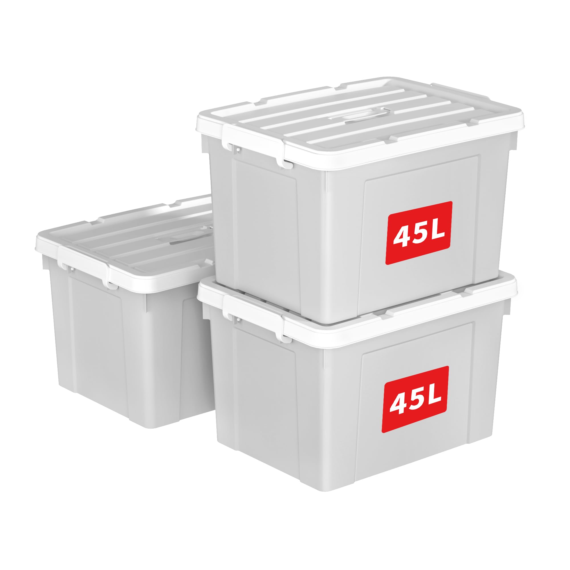 Cetomo 45L*3 Aufbewahrungsboxen, Tragbare Plastikboxen mit Deckeln, Organizer-Behälter mit Griff und Clips, Stapelbar, Ineinander Nestbar, für Zuhause und Büro, Grau, 45L-3er Pack