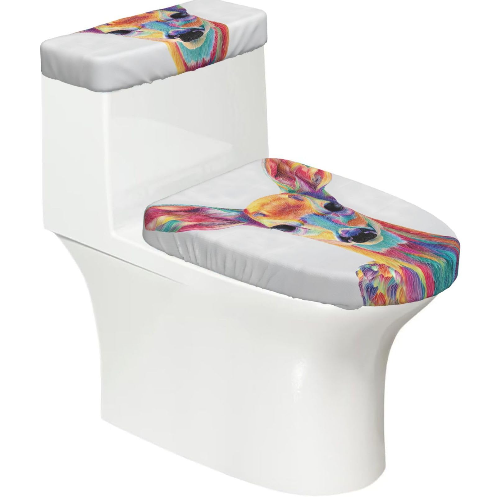 Colorful Striped Deer 2-Piece Toilet Seat Cover Set with Tank Lid - Elastic for U-Shape & Elongated - Bathroom Decor