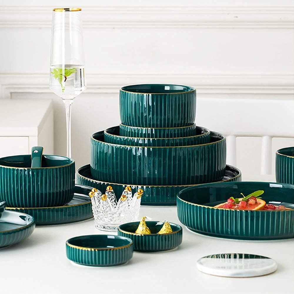 Juego de vajilla para el hogar o Restaurante Especial, Juegos de Cena de cerámica, tazón/Plato/Cuchara|Juego de vajilla con patrón de Borde de Oro Verde Juego de combinación de Porcelana de