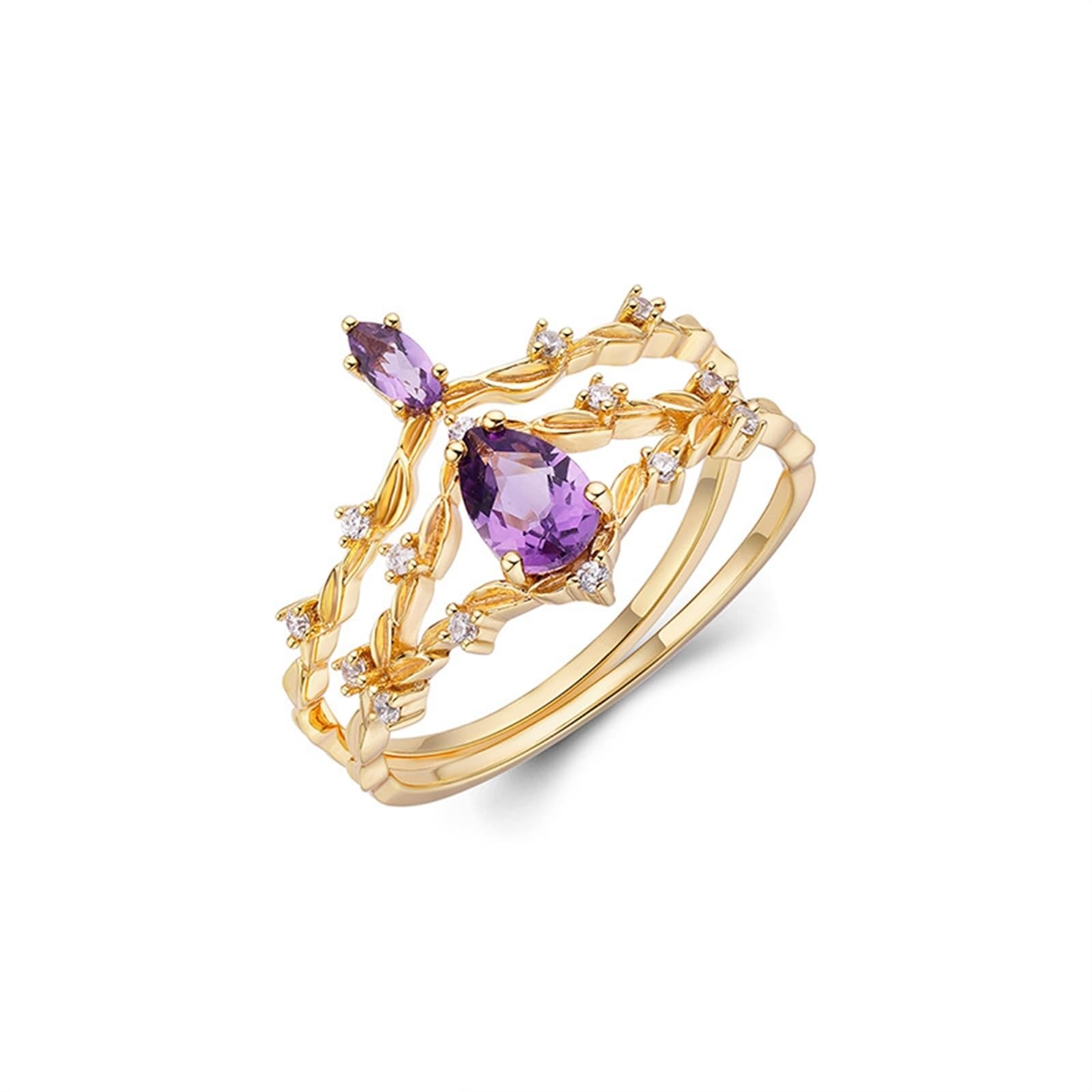 Gold 9K/14K/18K Echt Gold SchmuckSolitärring mit Tropfen Lila Amethyst, 2Pcs Set Klassiker Eheringe Au 375/585/750 Gelbgold Moissanit Gr.47-65