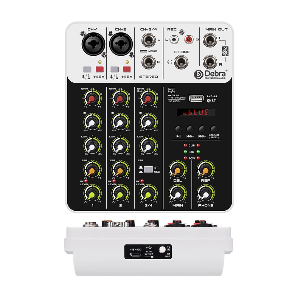 Mikser DJ-ski, V4 Mikser DJ Kontroler, 5.0 Bluetooth 48V Phantom Power, Niski Poziom Szumów Do Konsoli Mikserskiej Nagrywanie PC(V4-white)