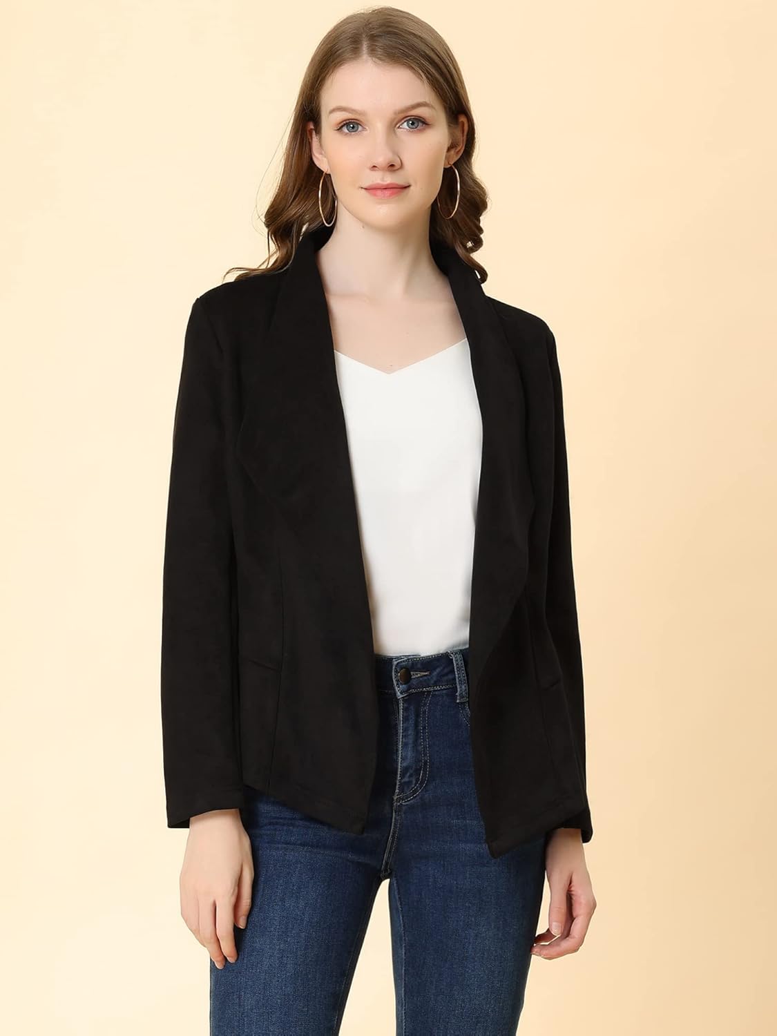 Allegra K Women Faux Suede Jacket Lapel Draped Open Front Cardigan Casual Trendy Suede Blazer - Image 3