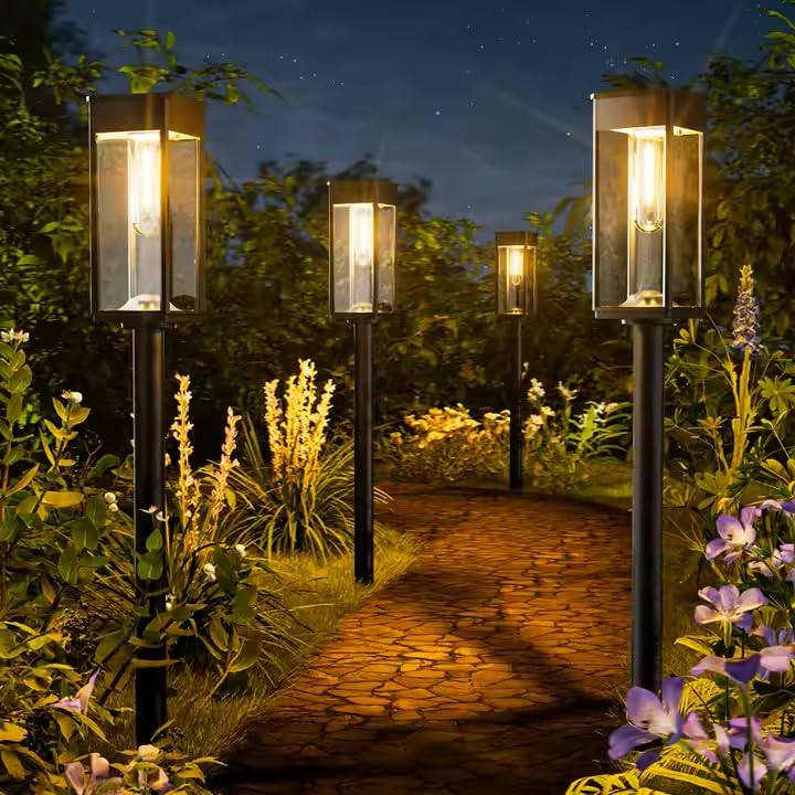 Lava Box 4 Pack Outdoor Solar Powered Garden Lights, IP65 Waterproof for Garden Walkway, Driveway, Courtyard, Pathway, Gift Flowerbed Decoration, Warm White, Auto on/Off, Long-Lasting Illumination.