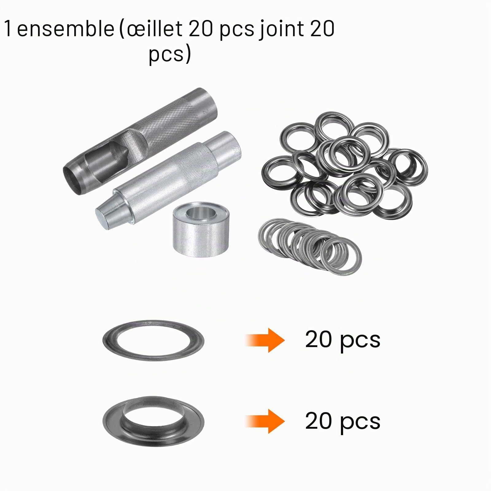 QUARKZMAN Kit de 20 Œillets en Cuivre de 20 mm avec Outil de Pose d'Œillets et Poinçon Creux, pour Vêtements en Cuir, Tissu et Ceintures, Couleur Noire