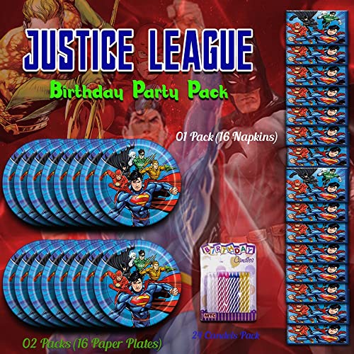 Justice League Birthday Party Pack – Includes 7” Paper Plates & Beverage Napkins Plus 24 Birthday Candles – Serves 16