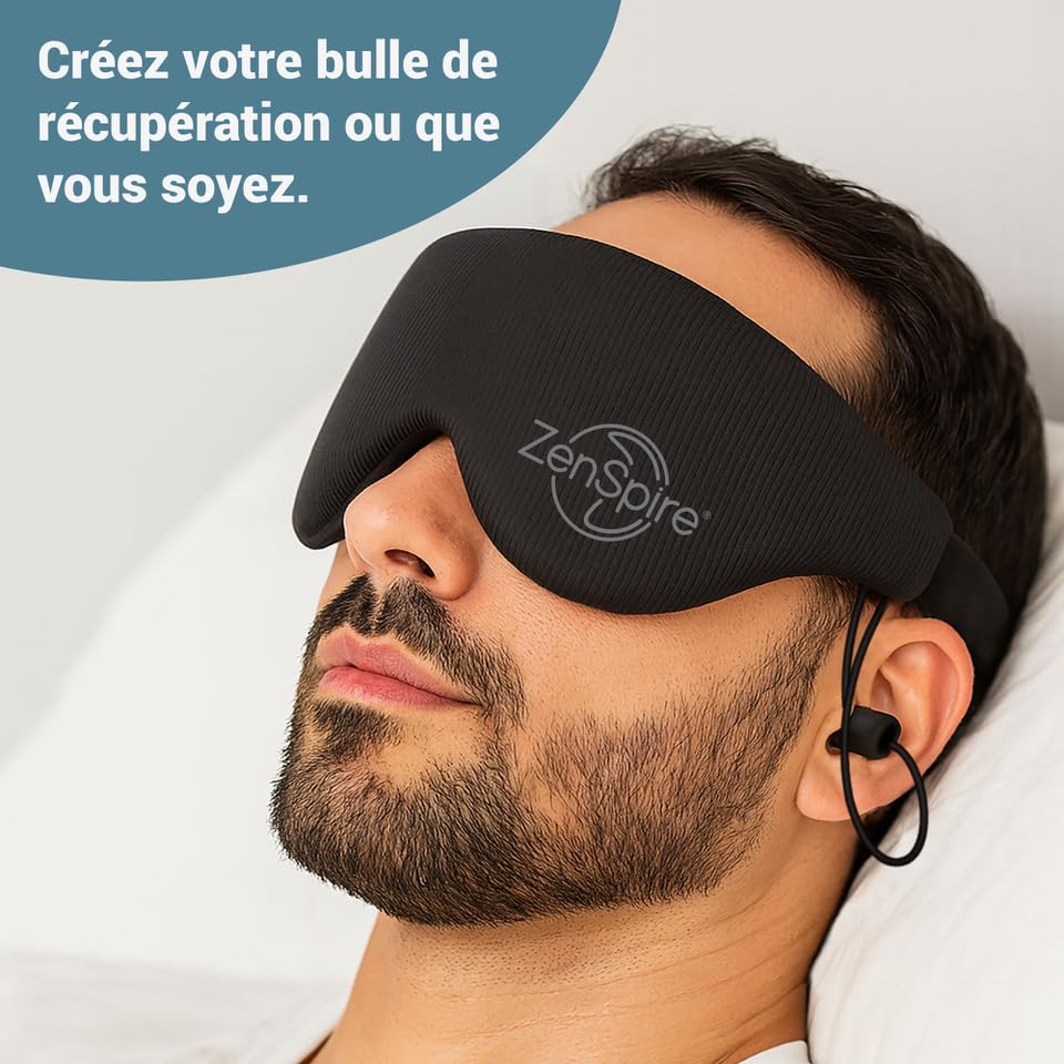 ZenSpire Sleep Mask 3 en 1 | Máscara de sueño 100% Blackout con tapones para los oídos de silicona y bolsa | Comodidad ergonómica, Oscuridad total, recuperación y sueño natural