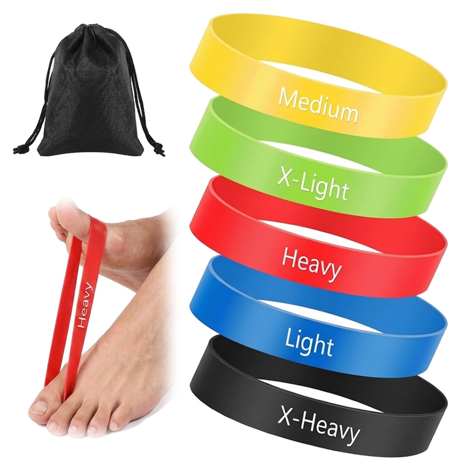 5Pcs Toe Stretch Band, Toe Exercise Bands with Storage Bag, TPE Exercise Resistance Bands for Yoga Toes, Hallux Valgus Corrector Foot Flexibility Training for Stretching (Yellow/Green/Red/Blue/Black)