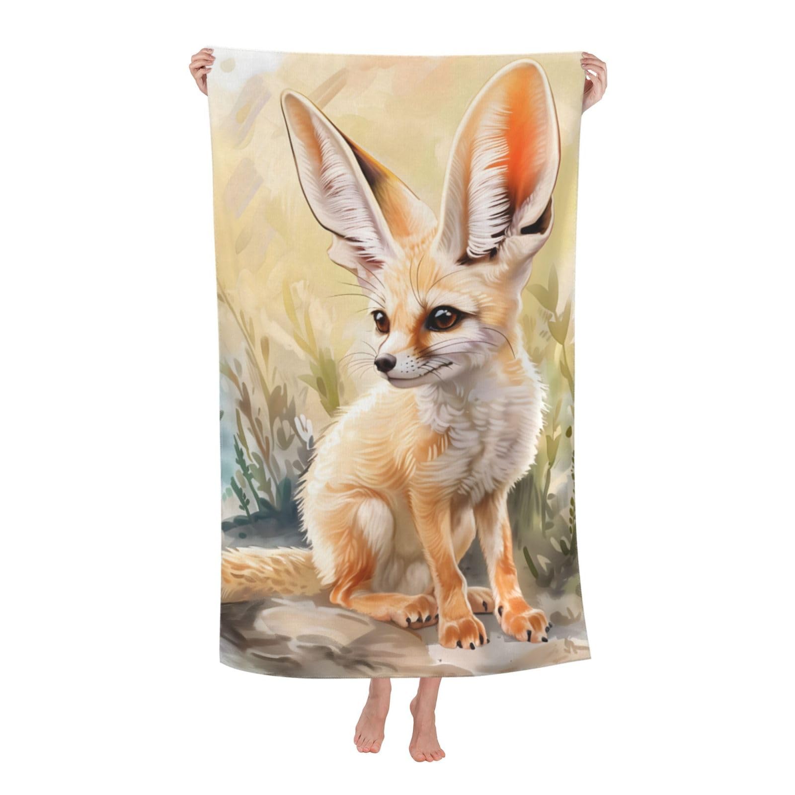 HLBSDM Funny Fennec Fox Beach Towel Microfiber Quick Dry Oversized Sand Proof Lightweight Bath Pool Cute Fox Towel for Women Adults Kids Soft Absorbent Towels for Swim Travel Sports 32×52 in