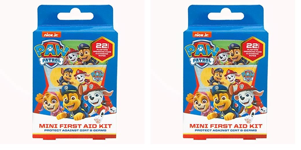Paw Patrol Childrens Plaster First Aid Kit Including Saline Solution Wound Cleansing Wipes/Dressing Pad (Latex Free/Hypoallergenic/Wash Proof/Breathable/CE Certified), Multicolour, 22 Count