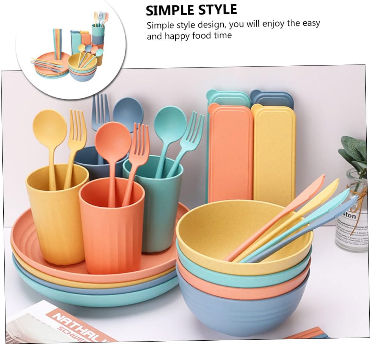 4sets Wheat Straw Cutlery Delicate Tableware Set Microwave Safe Bowls Plates Cups Spoons Forks for Camping Picnics and Everyday Use