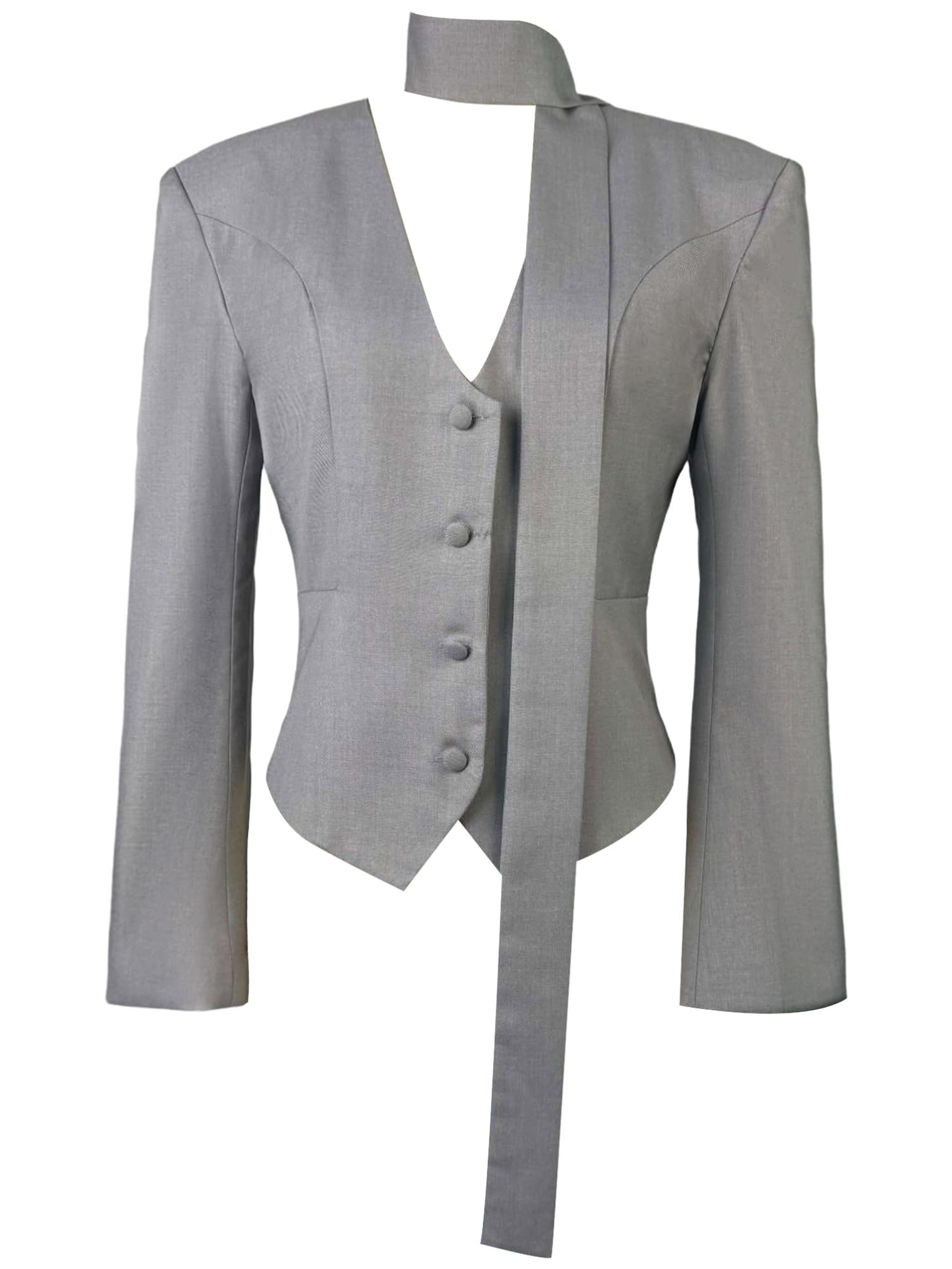 Women Classic Blazer Modern Suit Jacket Buttoned Casual Jacket with Narrow Scarf V-Neckline