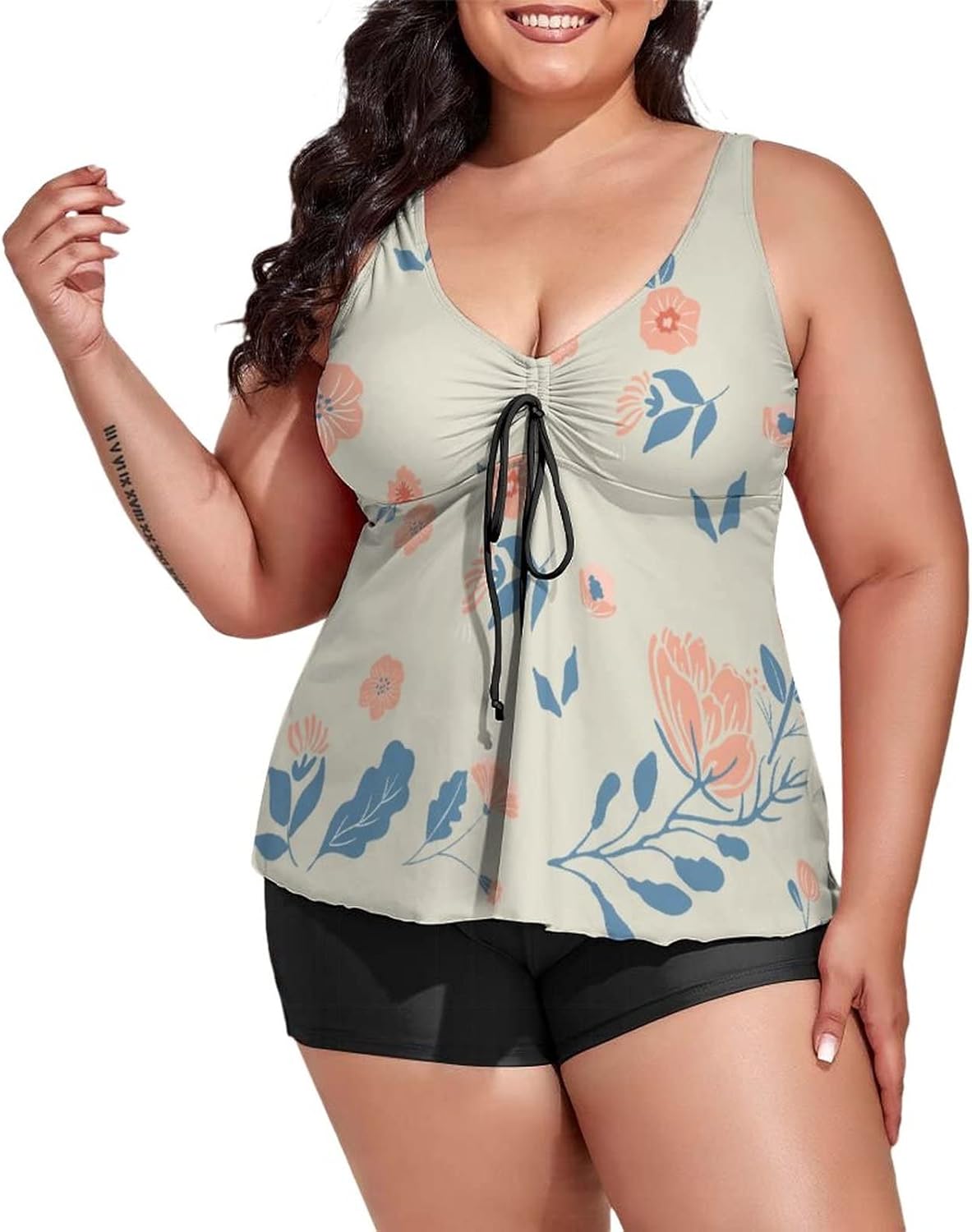 Plus Size Swim Dress Beige Pink Floral Flower Seamless Pattern 2 Piece Tankini Swimsuit Women Bathing Suits with Boyshort