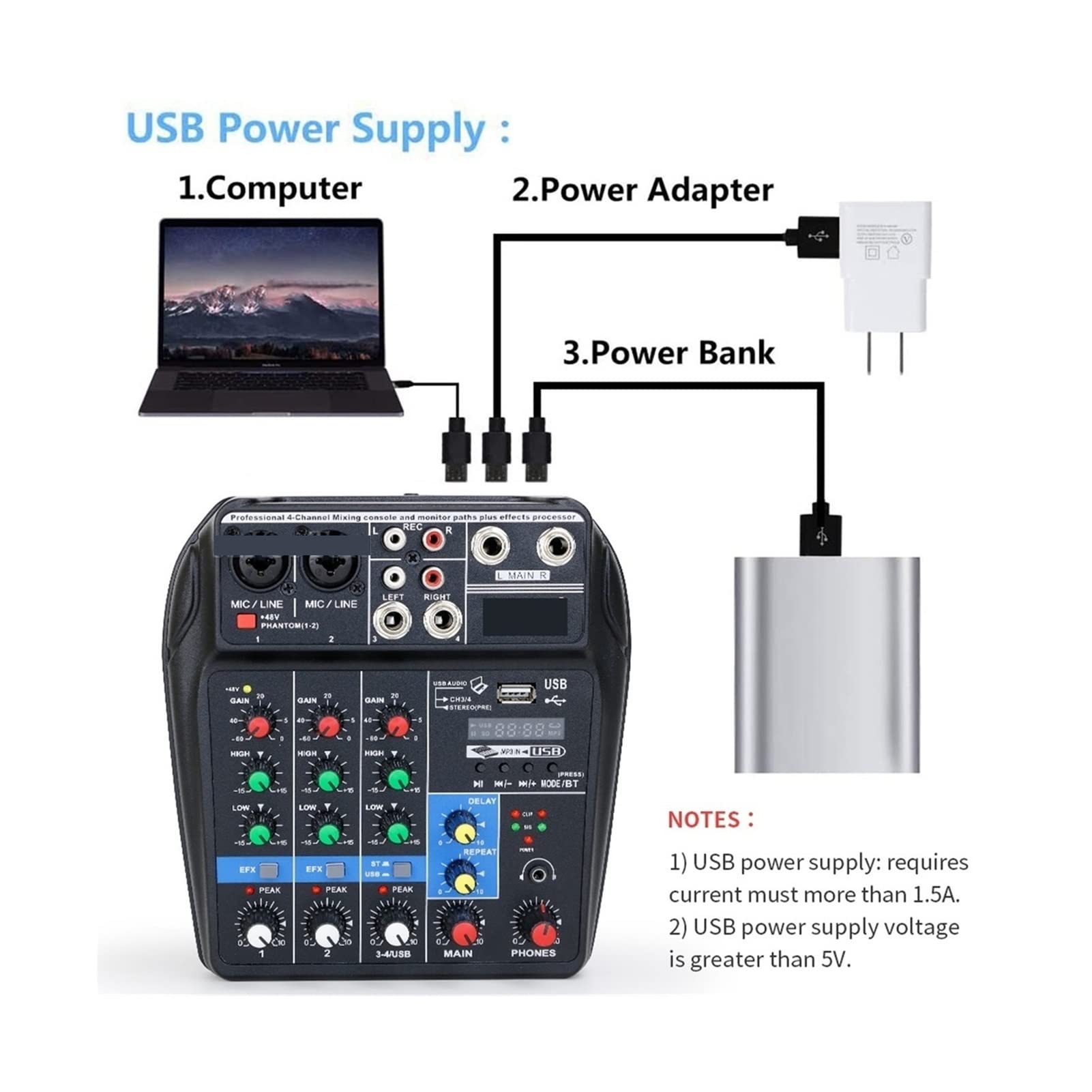 Attrezzatura per DJ per Feste Console di miscelazione del Suono di Registrazione Professionale 4 canali Mixer Audio USB Interfaccia Audio Audio Audio Mic 48V Phantom Power