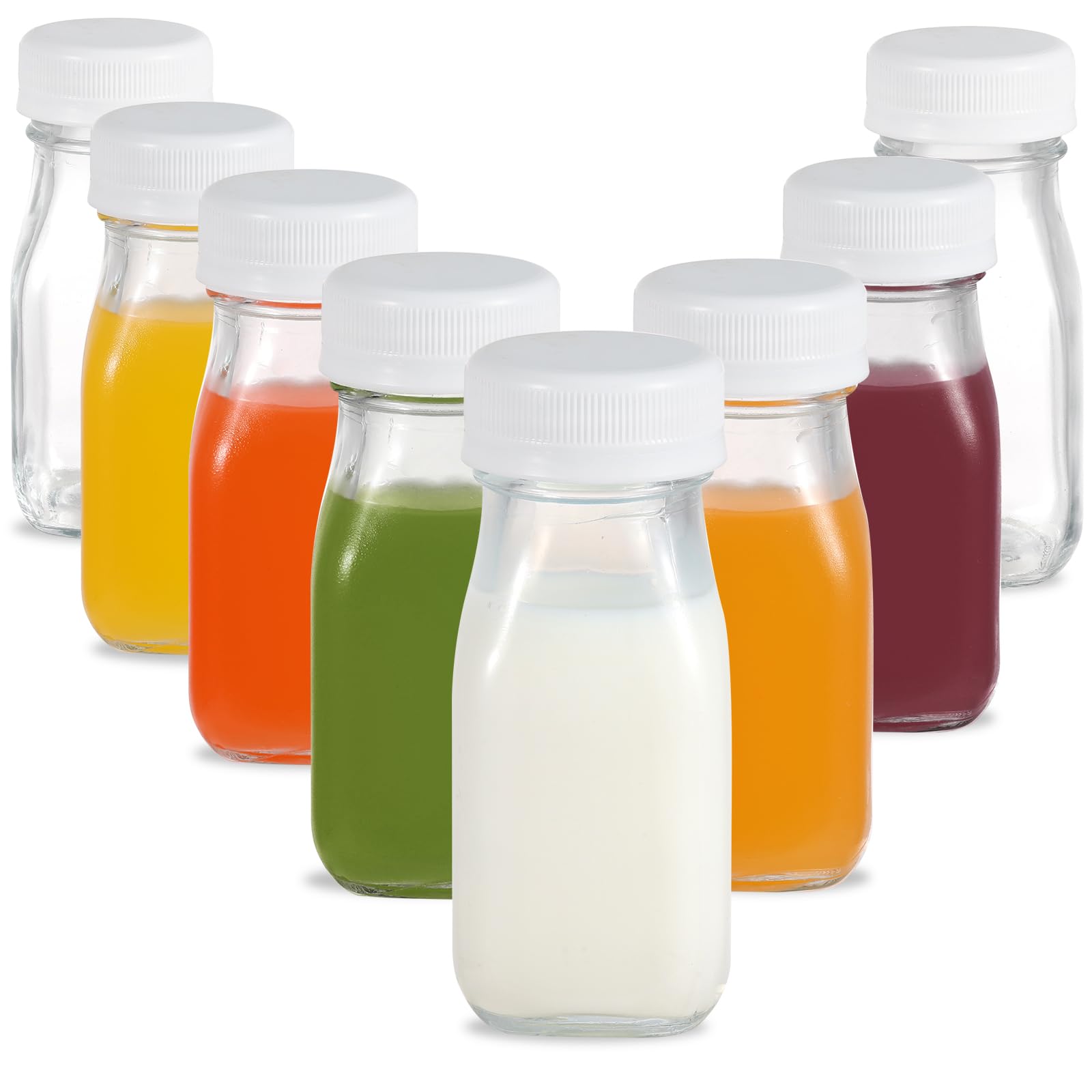 8 pack 100ml Small Glass Bottles with Lids, Dairy Reusable Clear Glass Shot Bottles Drinking for Milk Juice Homemade Beverages Picnics Travel School