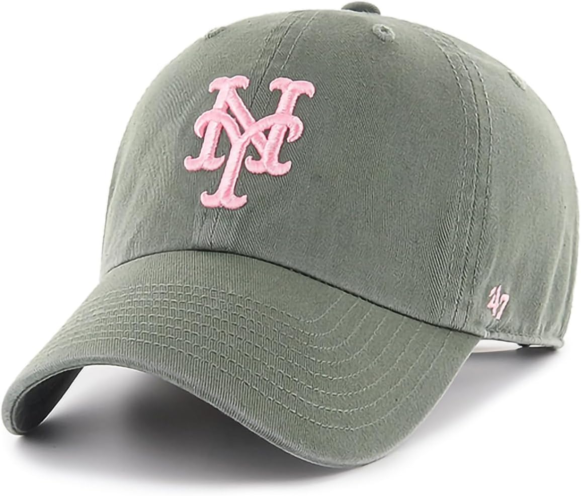 47 Brand MLB Moss Green Pink Primary Logo Clean Up Adjustable Strap Baseball Cap Hat, Adult One Size Fits All