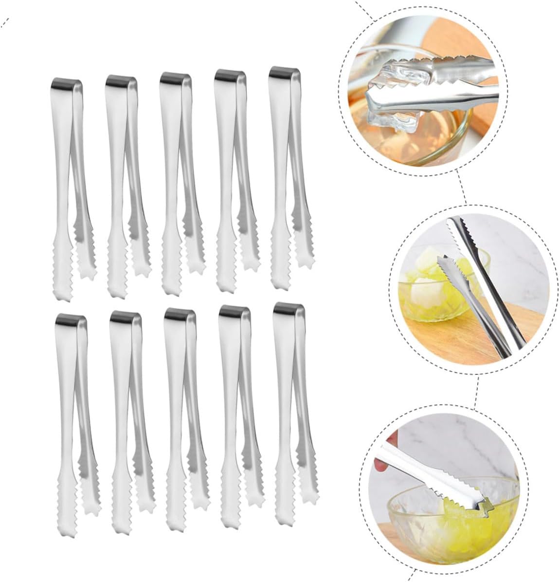 NUOBESTY 10Pcs Thickened Stainless Steel Ice Tongs Portable Ice Sugar Cube Clamps with Anti-slip Design for Tea Parties Coffee Bars Weddings and Daily Use