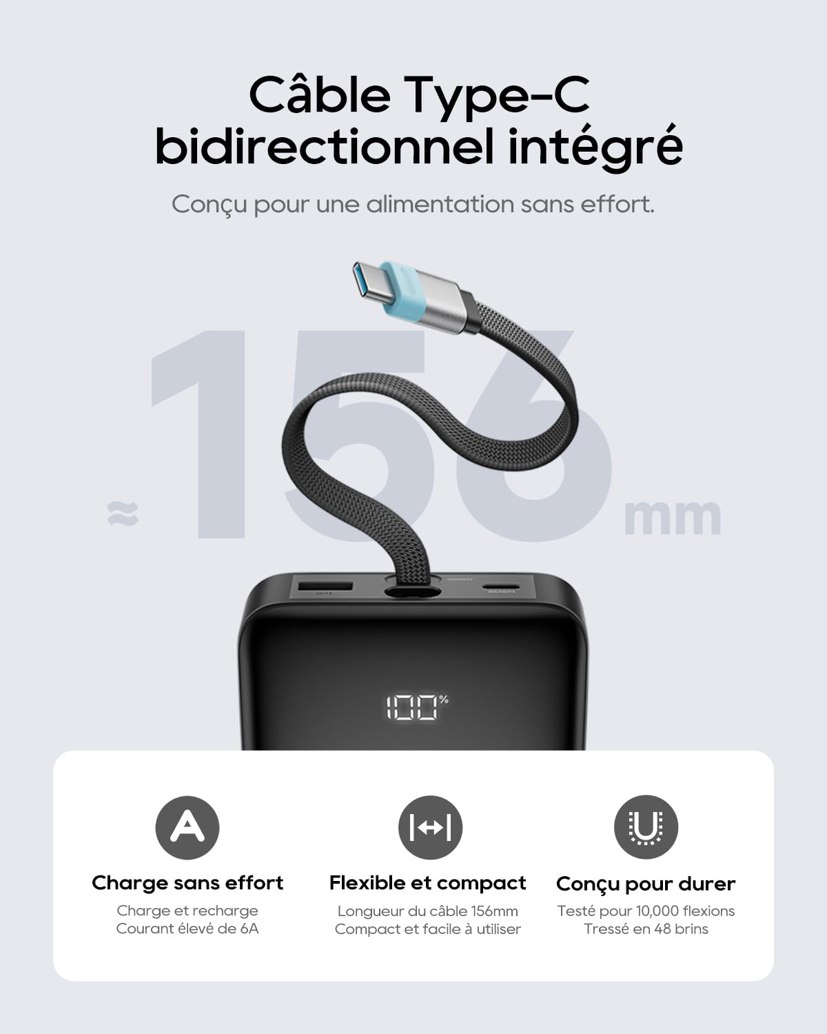 CUKTECH 25000mAh 100W Batterie Externe LED avec Câble USB-C Tressé Intégré