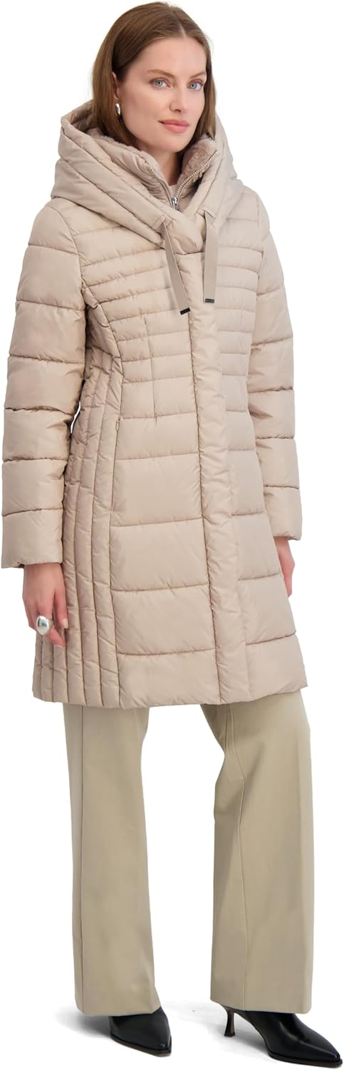 TAHARI Women's Slim Fit Puffer Coat With Attached Hood, Faux Fur Collar, Interior Bib & Hand Warmer Pockets - Image 2
