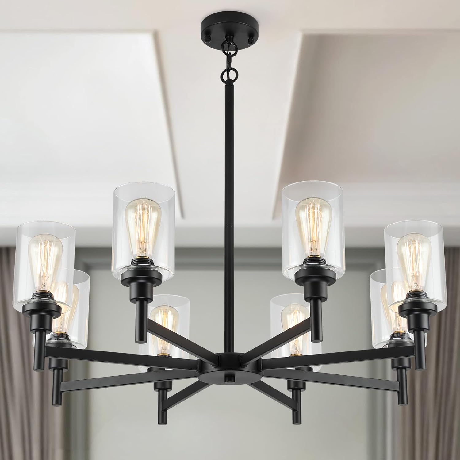 Black Chandeliers for Dining Room Light Fixture, Modern Farmhouse Chandelier, 8 Lights with Clear Glass Shade Industrial Hanging Lighting for Living Room Kitchen Island Bedroom Black 8-Lights D34"
