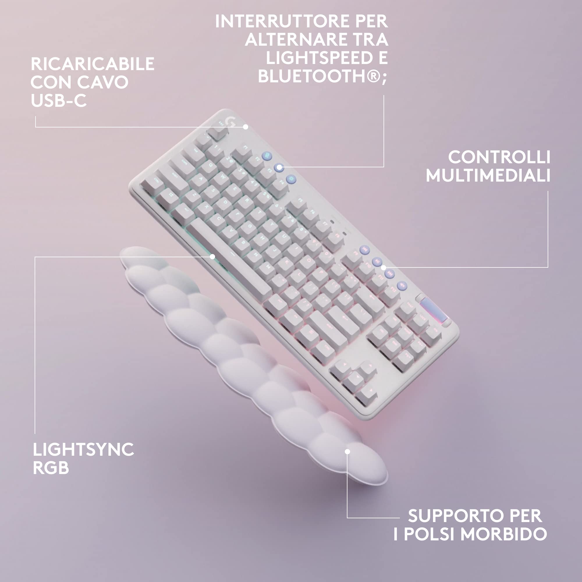Logitech G715 Tastiera Gaming Wireless con Luce RGB LIGHTSYNC | Velocità Della LUCE, Linear Switch (Rosso GX) e Supporto Per Tastiera, Compatibile con PC e Mac - Bianco