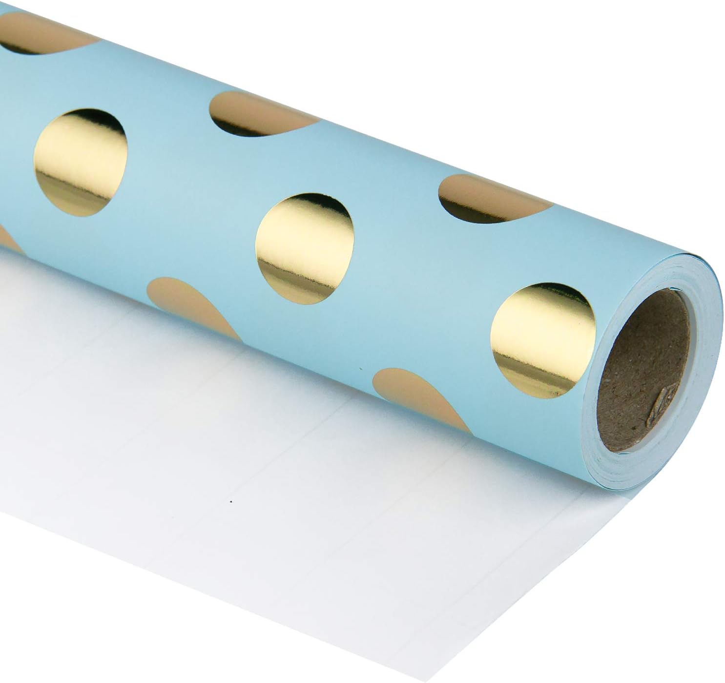 Wrapping Paper Roll - Gold Foil Dots Baby Blue Background Design for Wedding, Birthday, Shower, Congrats, and Holiday - 30 inches x 32.8 feet